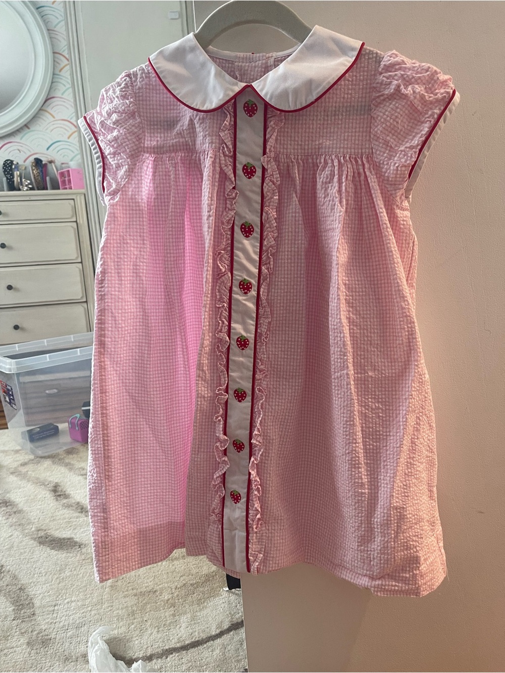 Little English Pink Gingham Kids Dress With Strawberry Detail